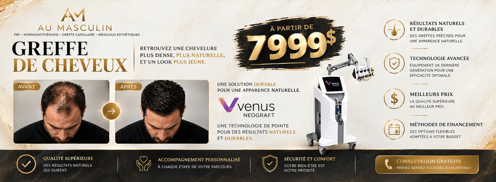 Greffe de cheveux FUE — à partir de 7 999 $, méthodes de financement offertes.